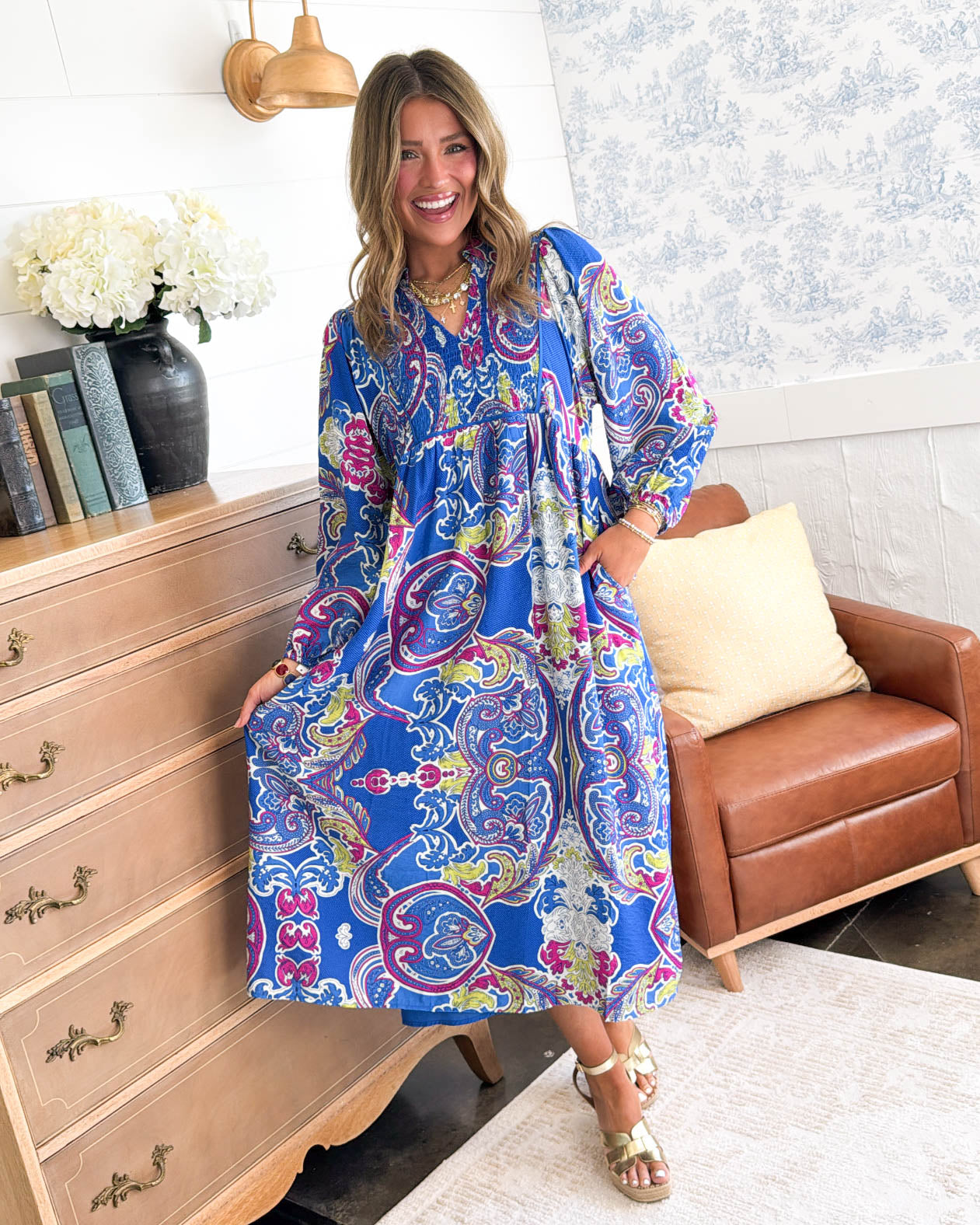 Clementine Smocked Paisley Boho Midi Dress, Royal / Medium Clementine Smocked Paisley Boho Midi Dress, Royal / Medium