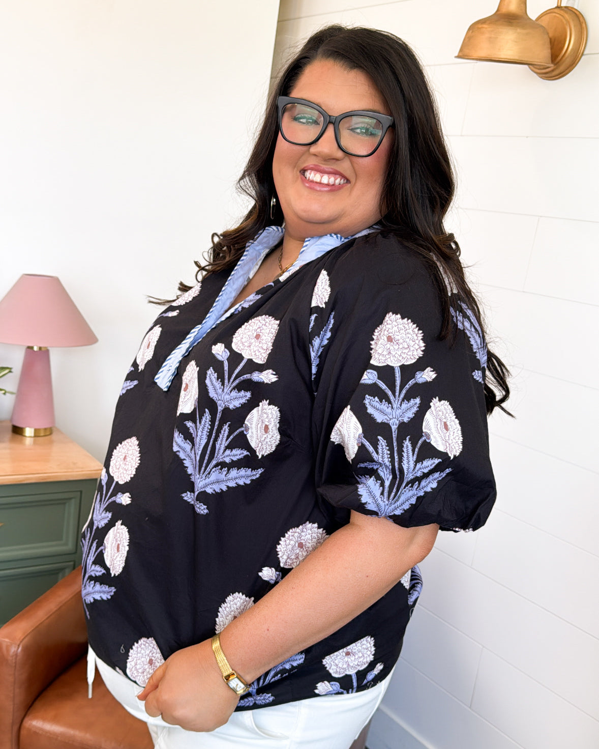Evening Blooms Mixed Print Puff Sleeve Top