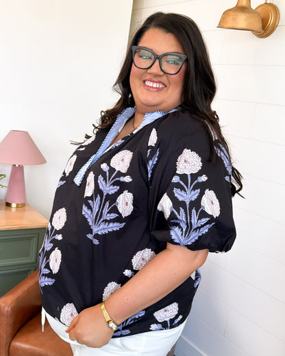 Evening Blooms Mixed Print Puff Sleeve Top