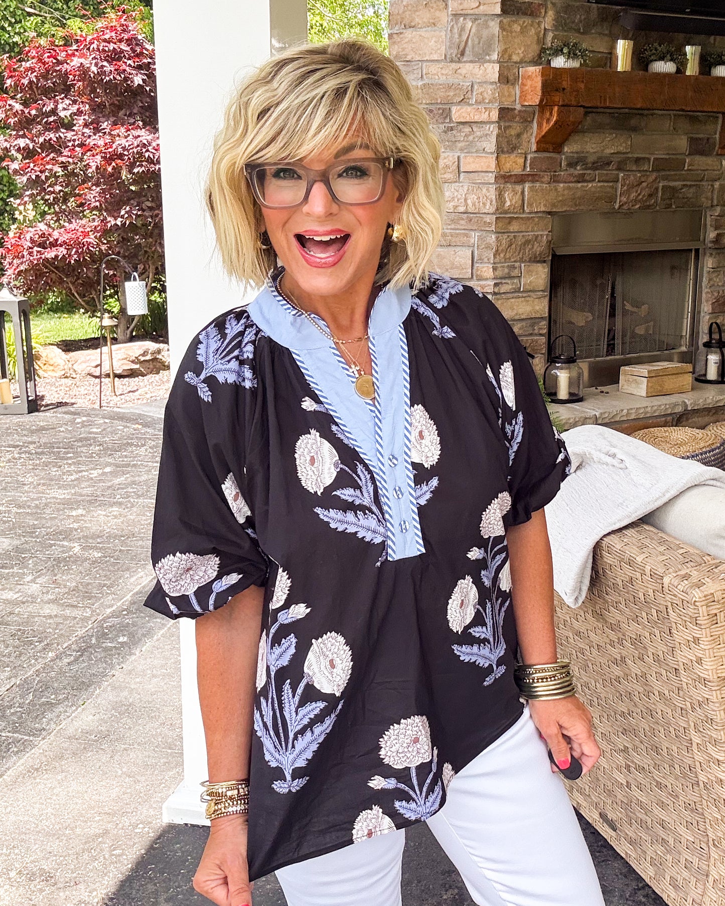 Evening Blooms Mixed Print Puff Sleeve Top