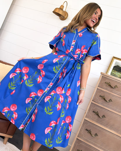 Garden Tea Party Floral Contrast Stitch Midi Dress