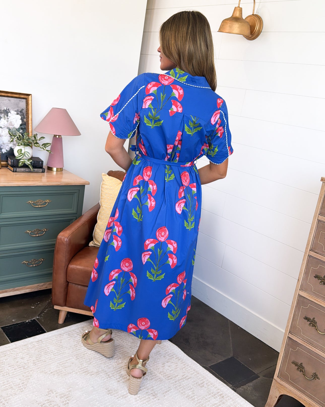 Garden Tea Party Floral Contrast Stitch Midi Dress