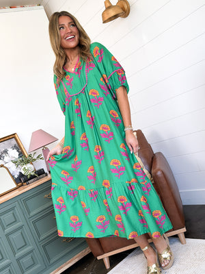 Garden Serenade Floral Tiered Midi Dress