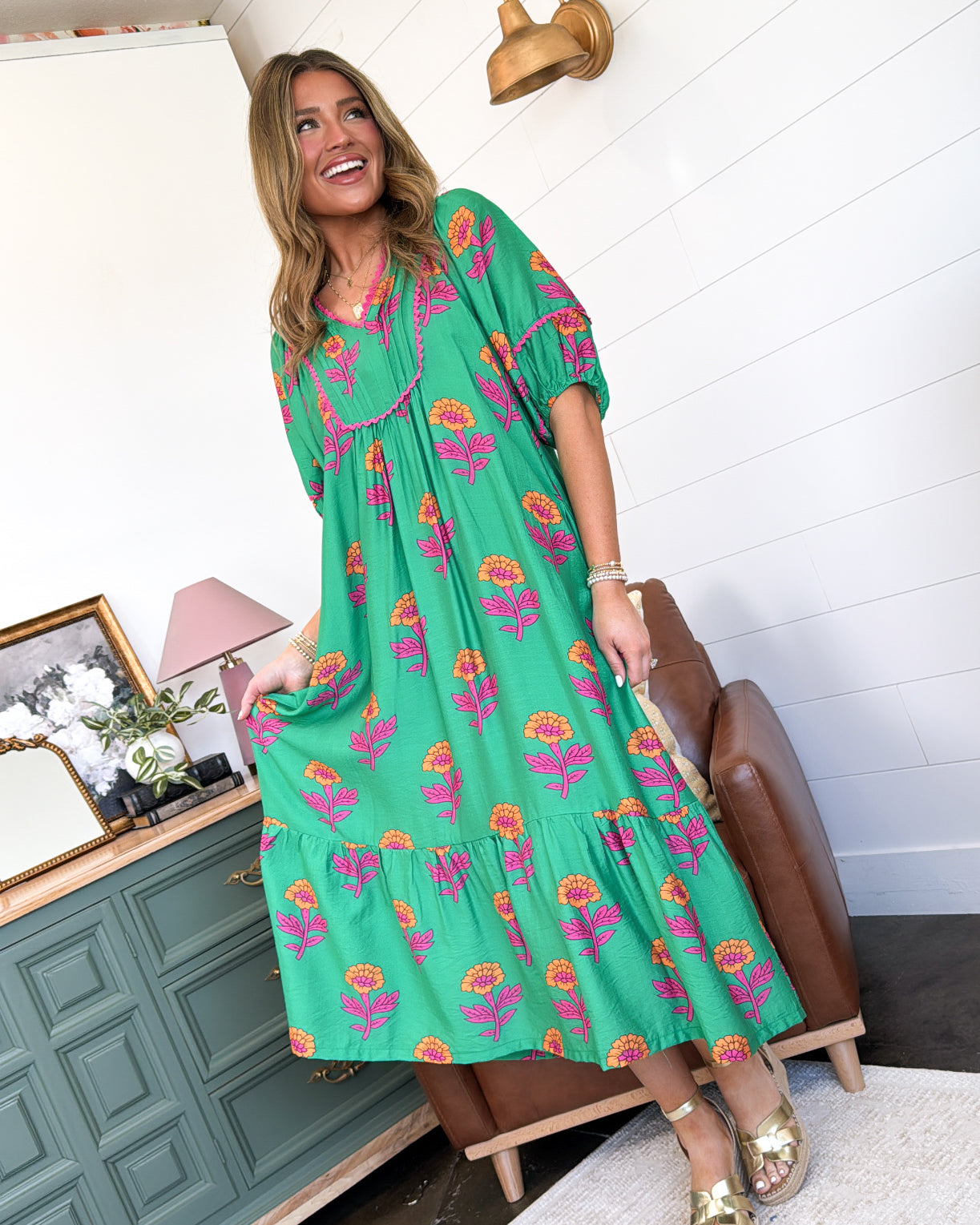 Garden Serenade Floral Tiered Midi Dress, Jade / Medium