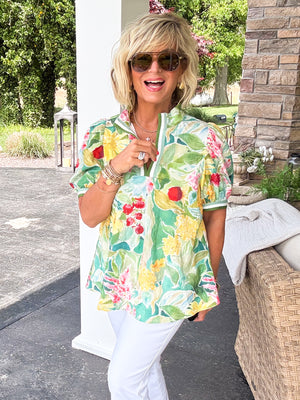 Painted Garden Floral Contrast Trim Top