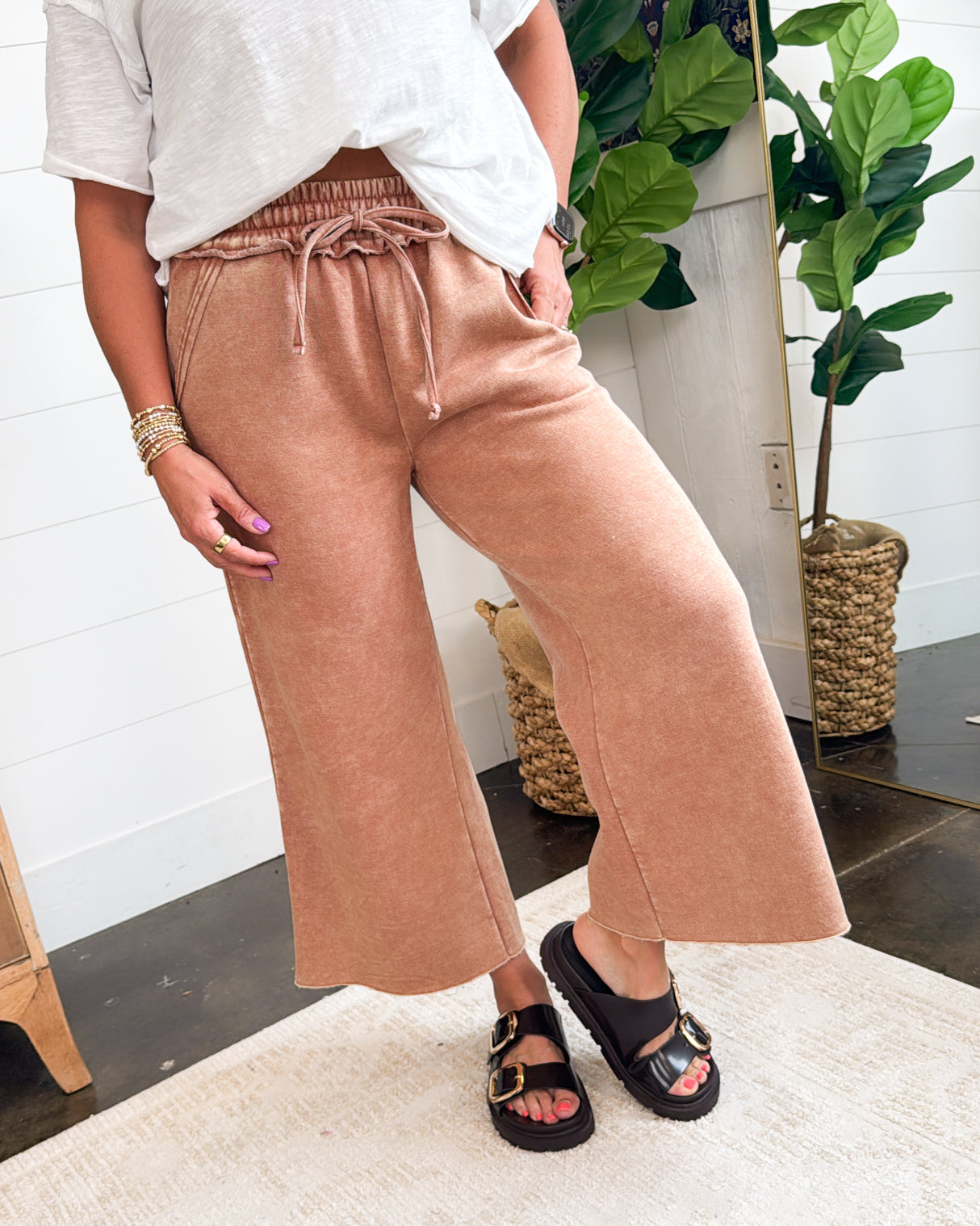 Cozy Afternoon Washed French Terry Wide Leg Pants