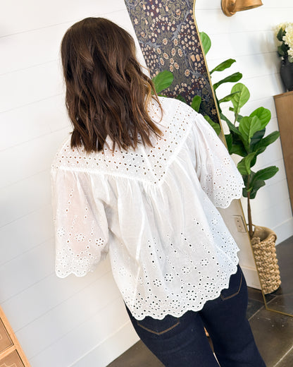 Falling For You Eyelet Half Button Top