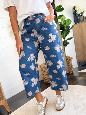 Rose Garden Floral Crop Barrel Jeans