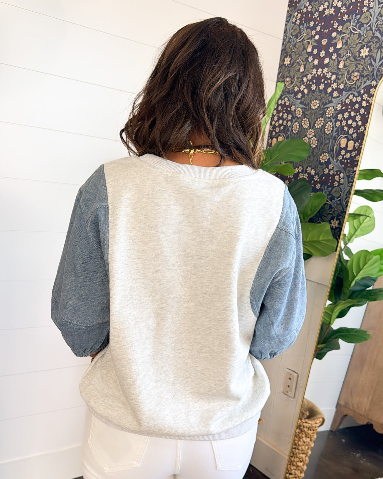 Steal The  Show French Terry Denim Sleeve Top