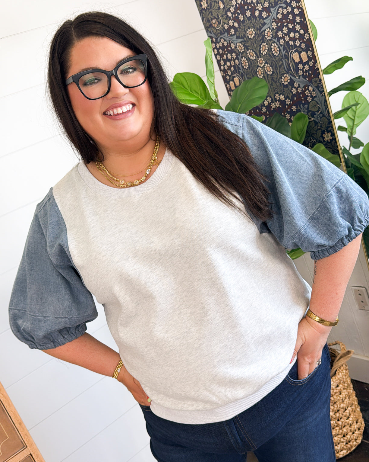 Steal The  Show French Terry Denim Sleeve Top