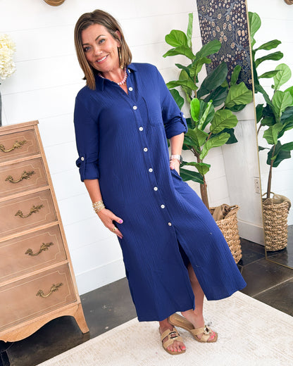 Le Evelyn Gauze Knit Tab Sleeve Duster Shirt