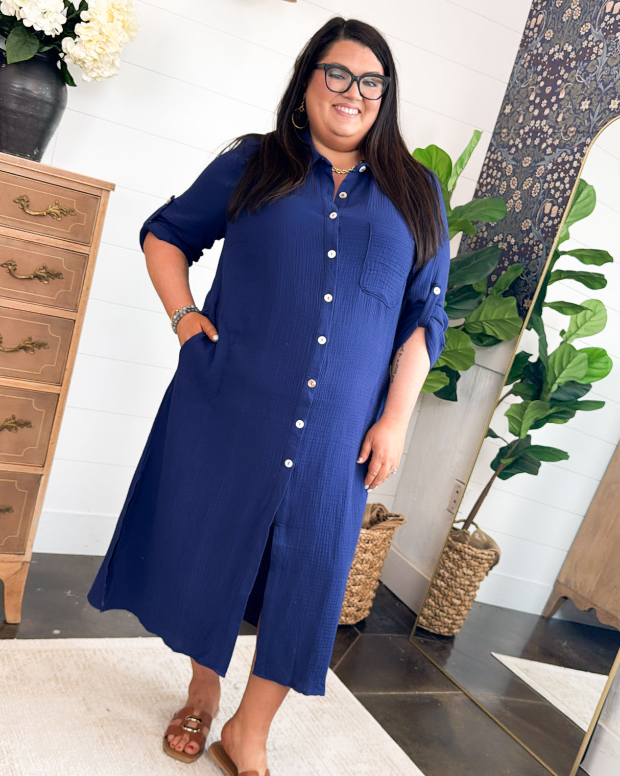 Le Evelyn Gauze Knit Tab Sleeve Duster Shirt