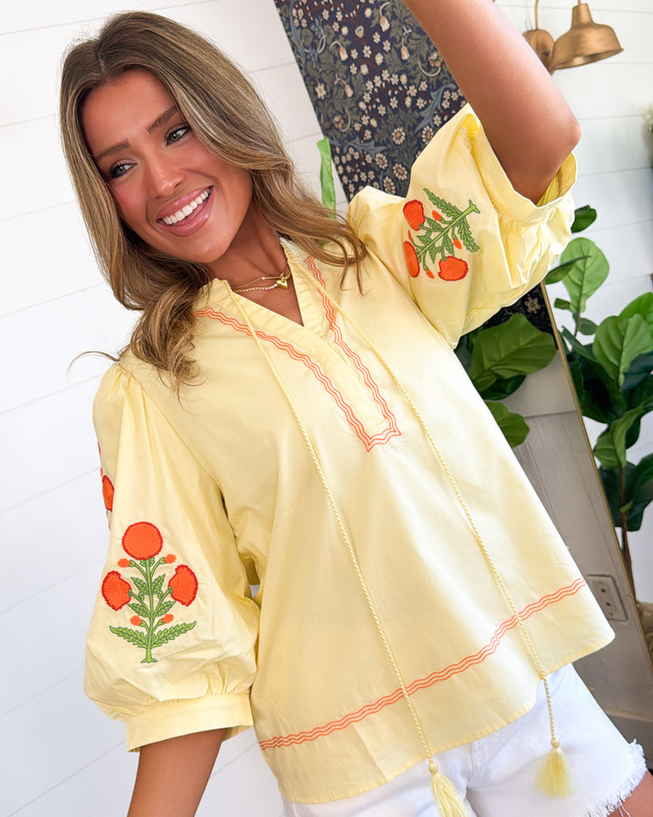 Sweet Moments Embroidered Tasel Tie Blouse
