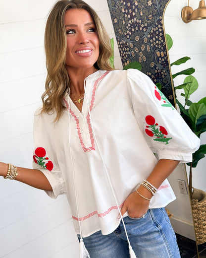 Sweet Moments Embroidered Tasel Tie Blouse