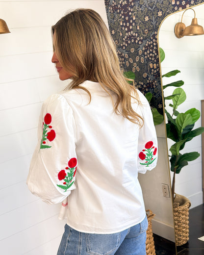 Sweet Moments Embroidered Tasel Tie Blouse