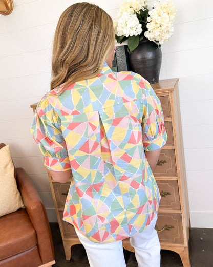 Pretty In Pastel Mixed Print Ruffle Neck Top
