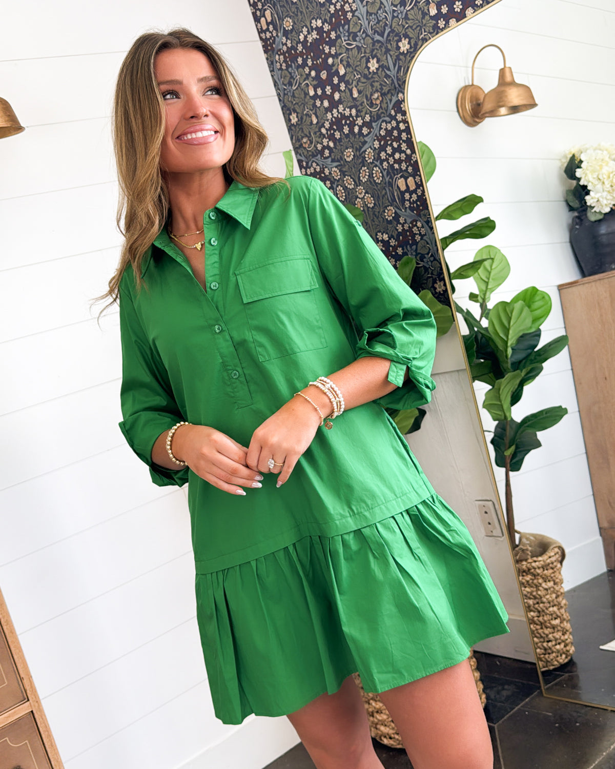 kelly green shirt dress Polo Club Tab Sleeve Tiered – Glamour Farms Boutique Sleeve Length 11.5