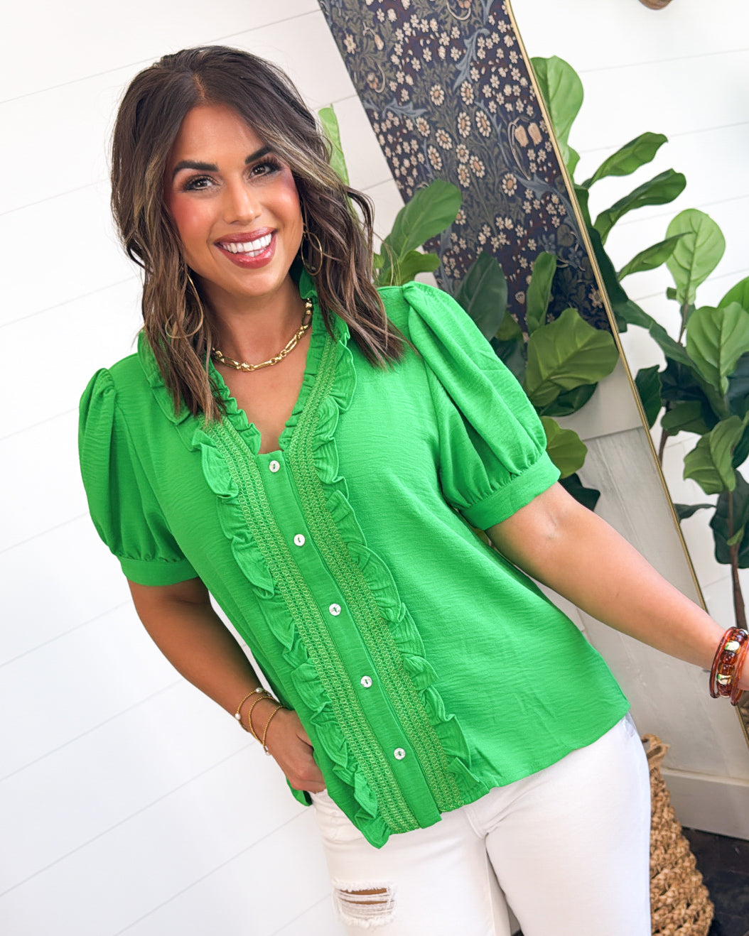 All The Envy Ruffled Button Up Blouse