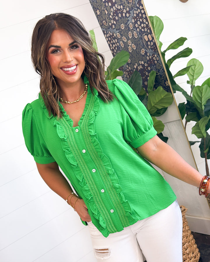 All The Envy Ruffled Button Up Blouse