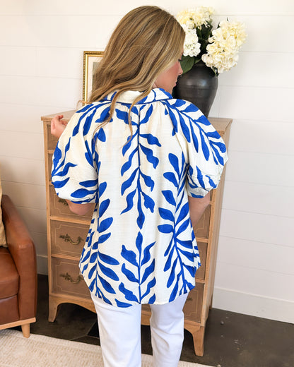 Tropical Breeze Leaf Print Collared Blouse