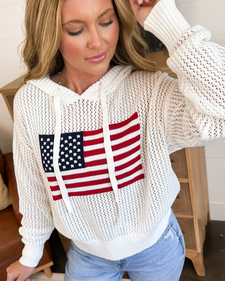 May She Wave American Flag Open Knit Hooded Sweater