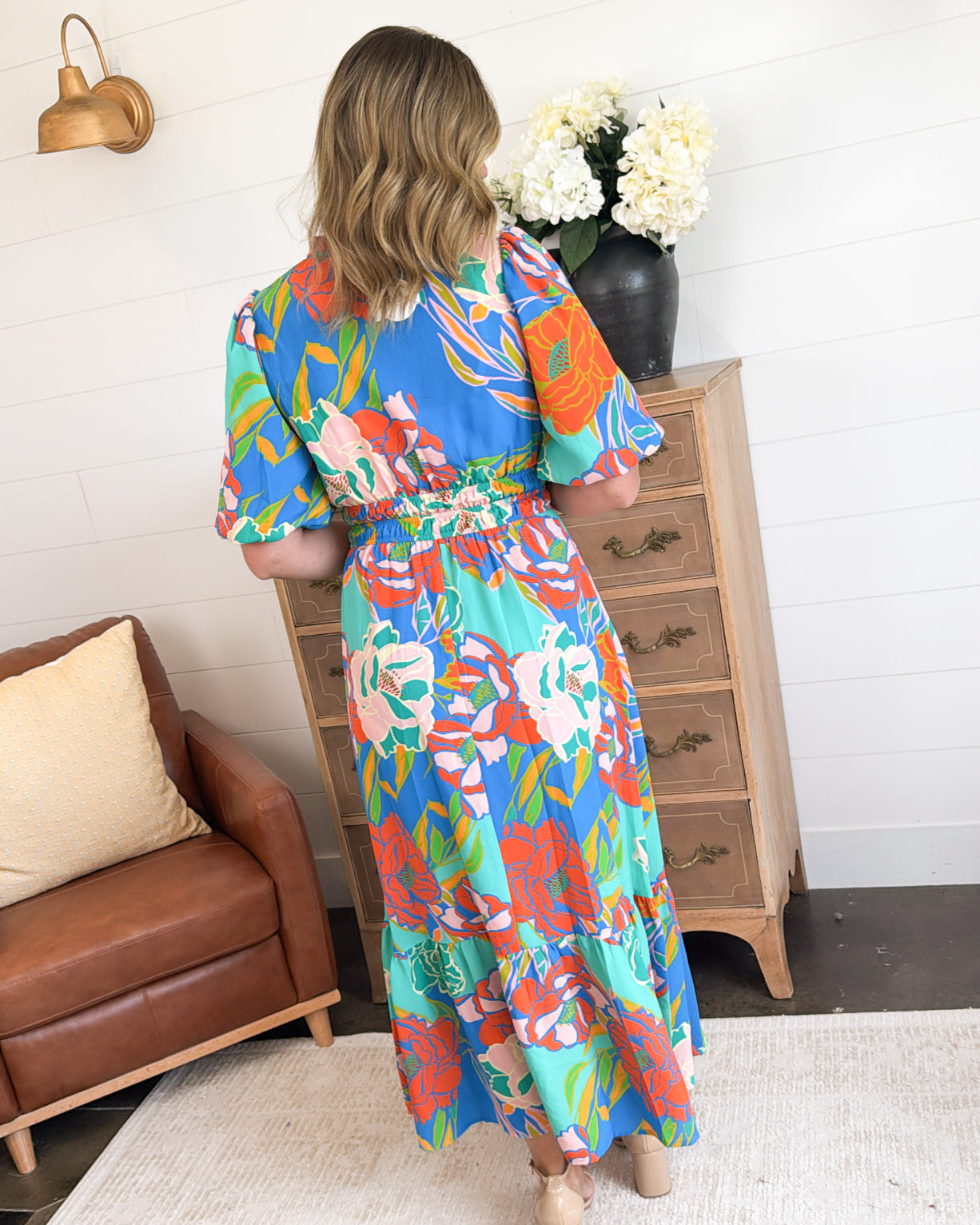 Sienna Skies Floral Ruffle Neck Midi Dress