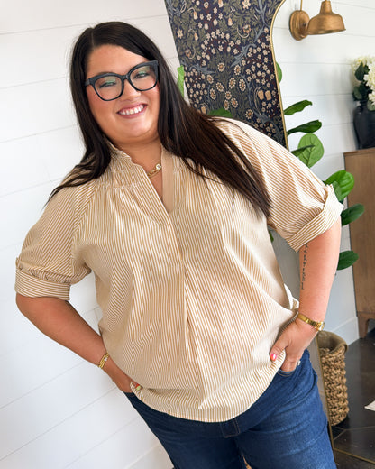 Down By The Bay Striped Ruffle Neck Blouse
