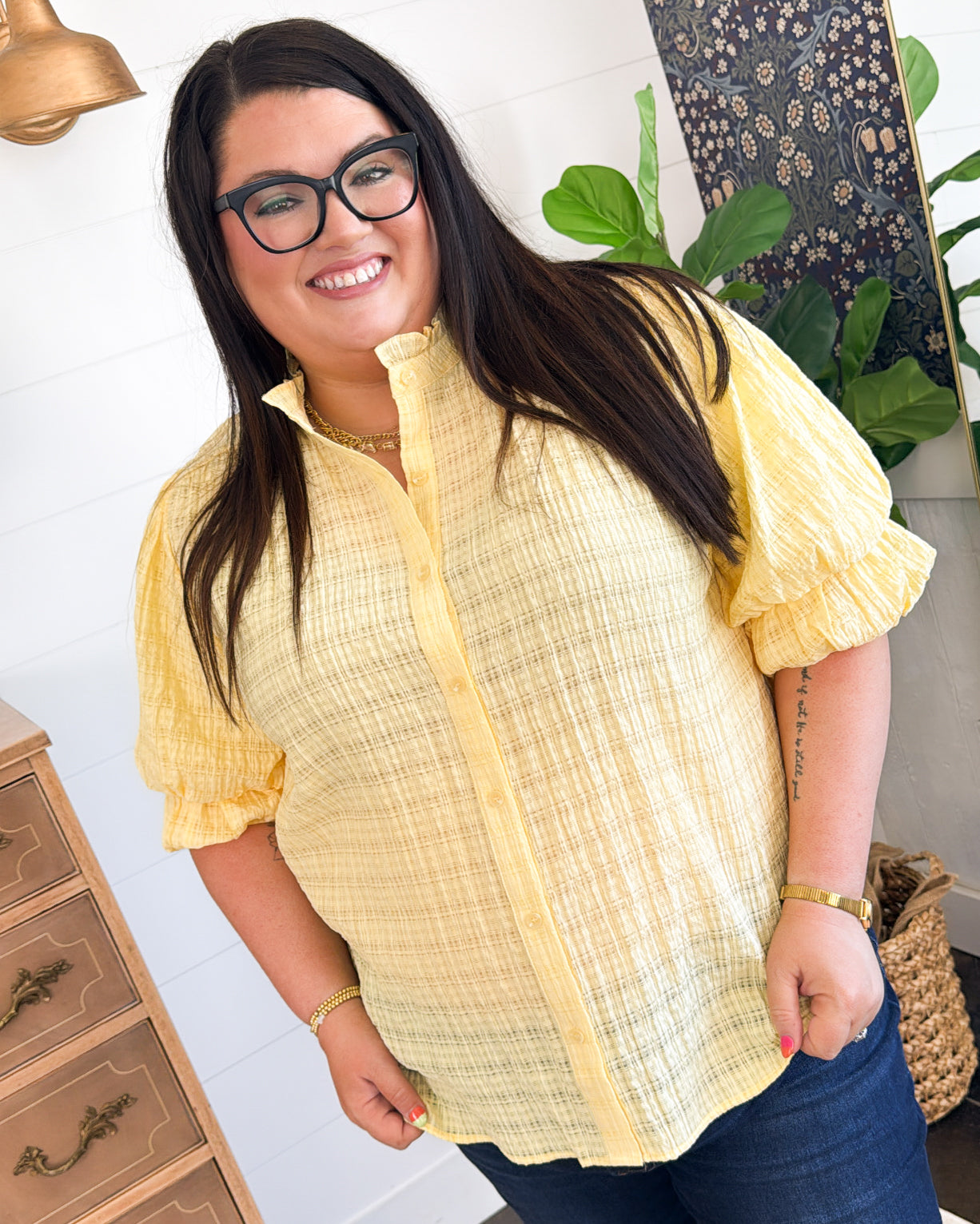 Grace In Motion Open Knit Bubble Sleeve Blouse