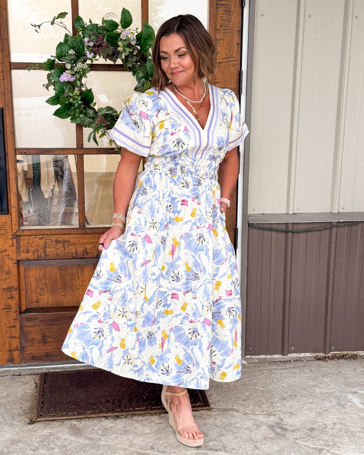 Pastel Perfection Floral Smocked Waist Midi Dress