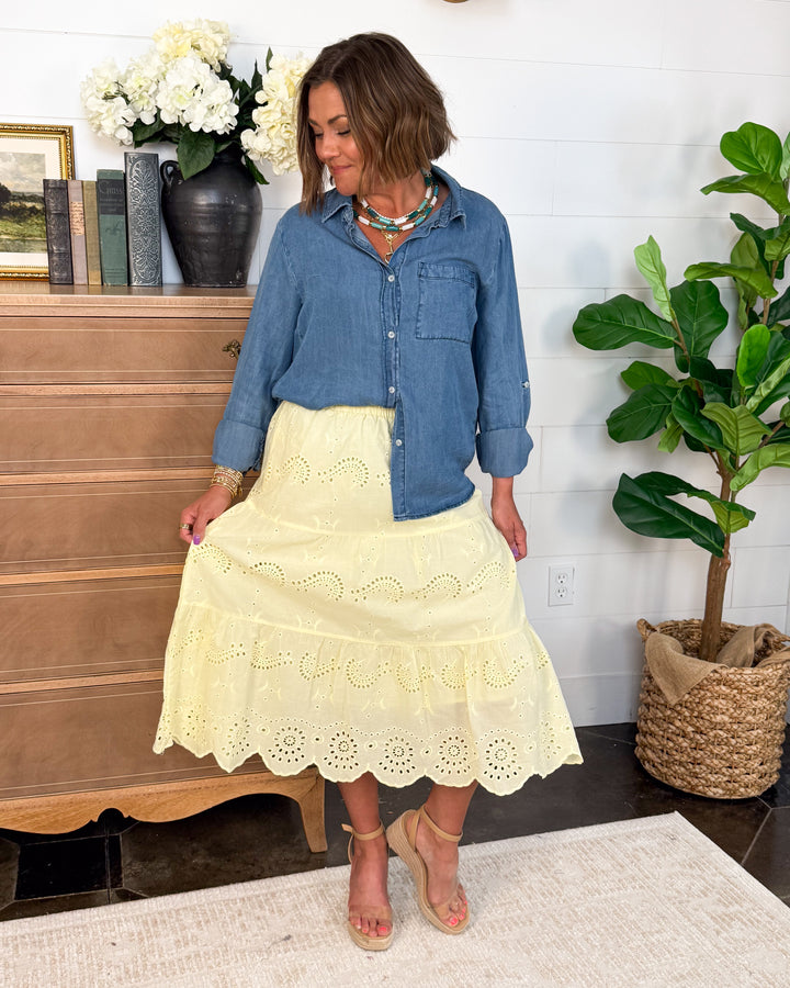 Poetry In Motion Eyelet Tiered Midi Skirt