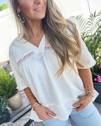 Feeling Boho Gauze Knit Embroidered Top