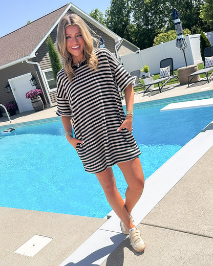Traveling Gal Striped Jersey Knit T-Shirt Dress
