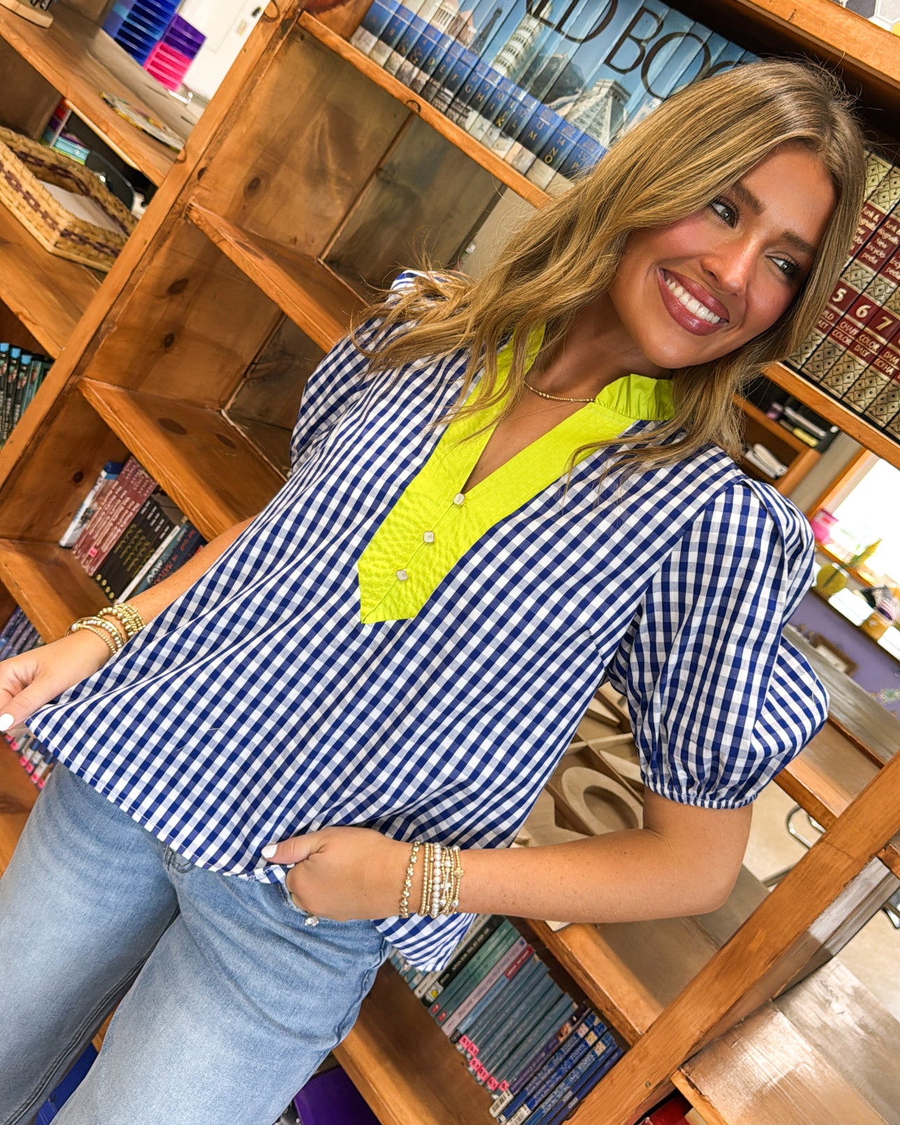 Love The View Gingham Contrast Trim Blouse