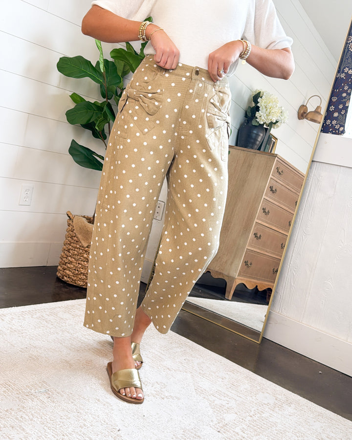 Vivienne High Rise Polka Dot Side Bow Twill Pants