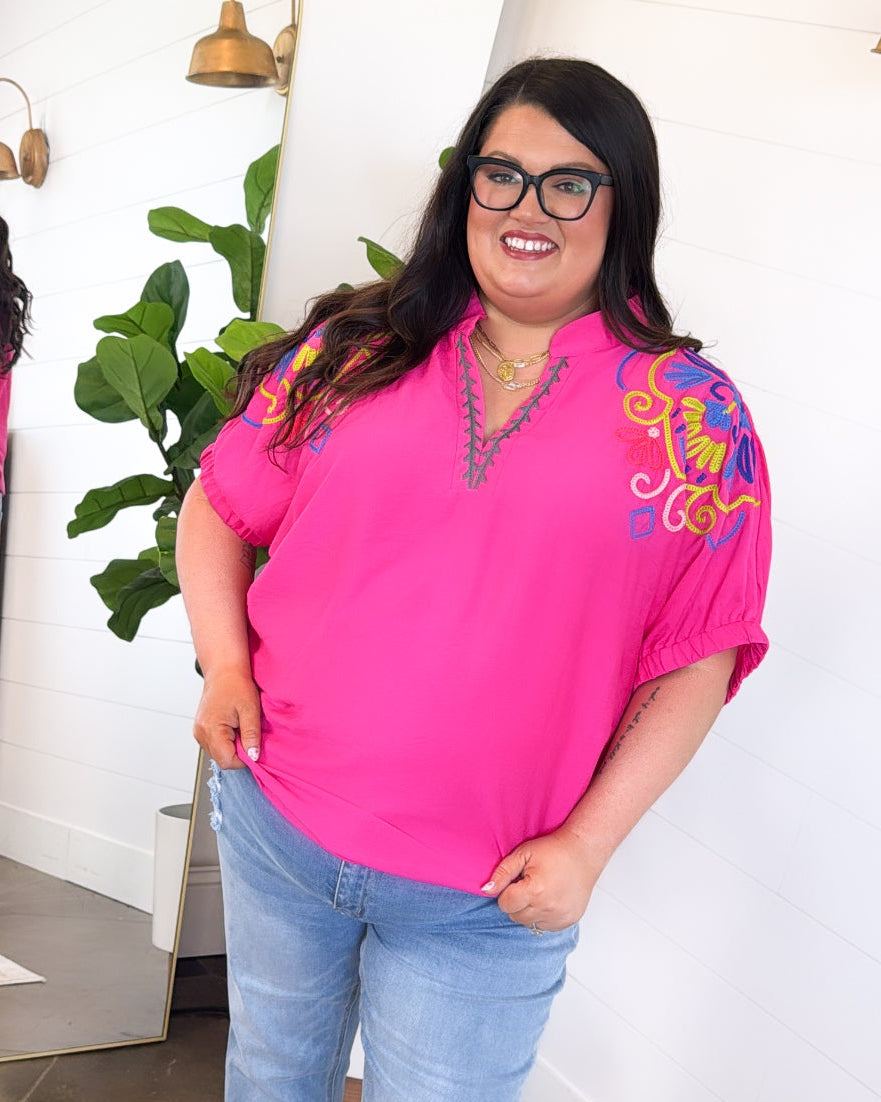 Sunshine Serenade Embroidered Split Neck Blouse