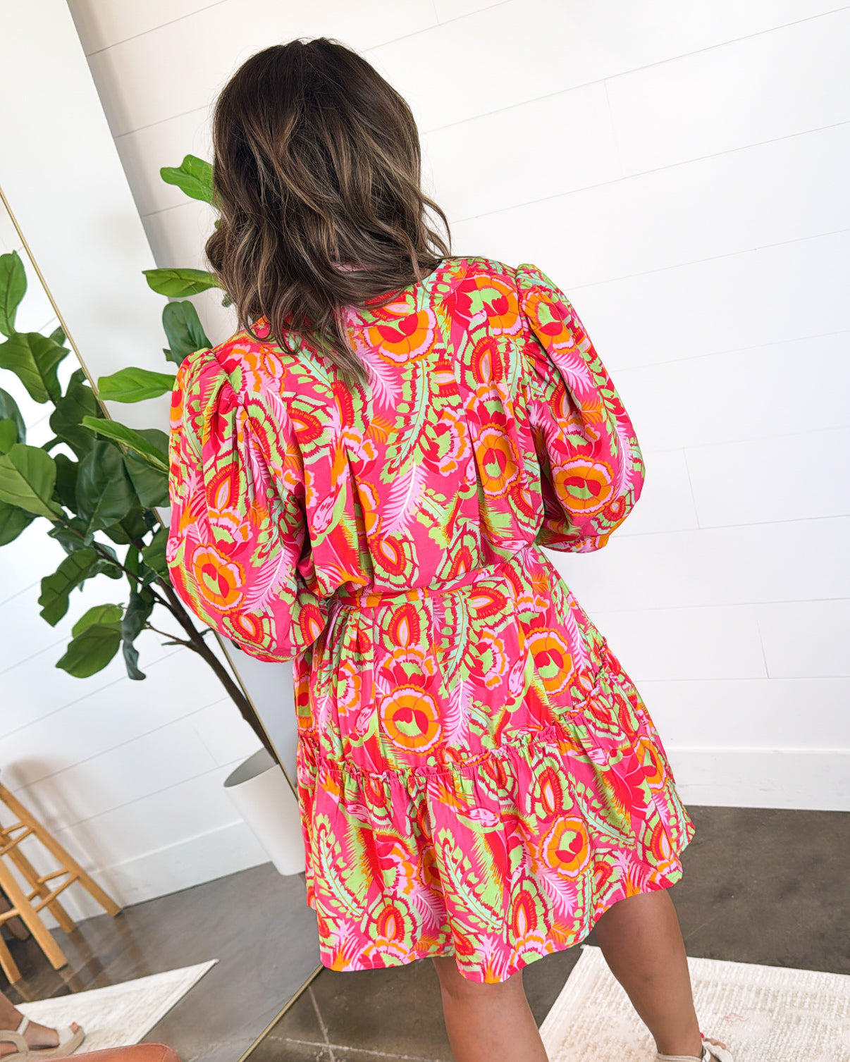 Vibrant Dream Abstract Belted Tiered Dress