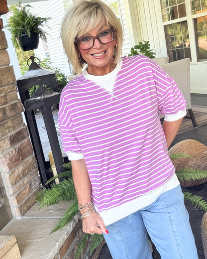 Saturday Social Striped Contrast Stitch Top