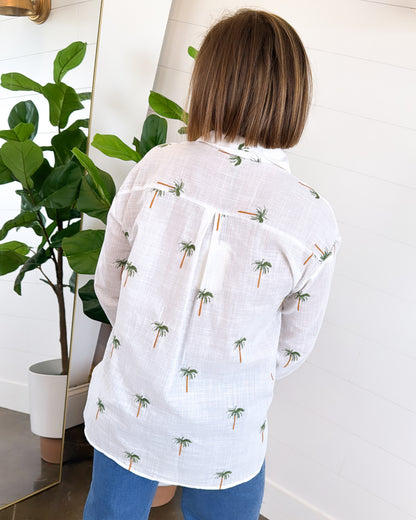 Going Coconuts Palm Tree Embroidered Tab Sleeve Shirt