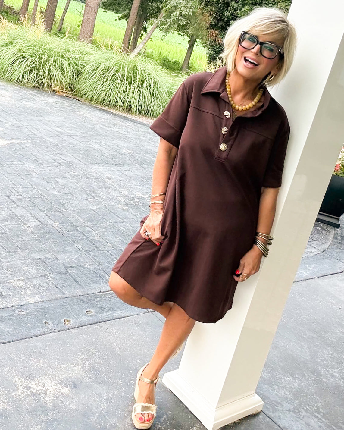 Polished Ease Collared Gold Button Dress