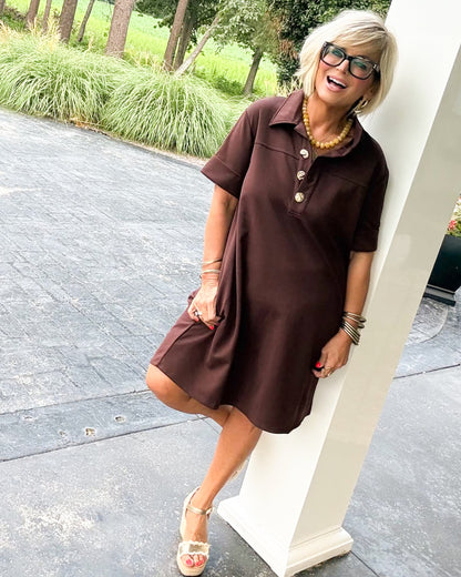 Polished Ease Collared Gold Button Dress