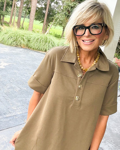 Polished Ease Collared Gold Button Dress