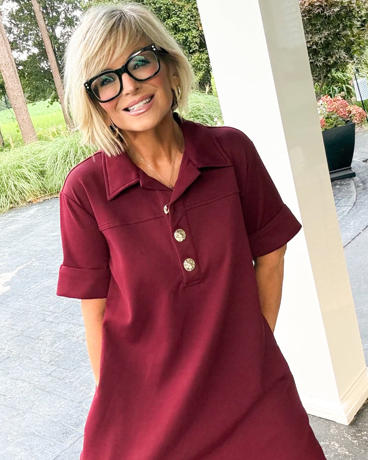 Polished Ease Collared Gold Button Dress