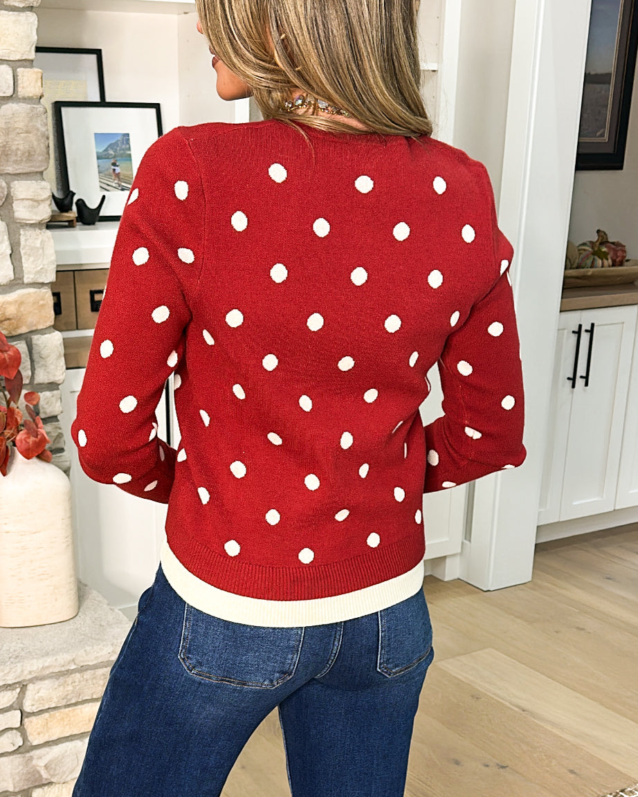 Memory Lane Polka Dot Contrast Trim Sweater Cardigan – Glamour