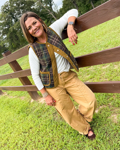 Hidden Pines Plaid Corduroy Trimmed Vest