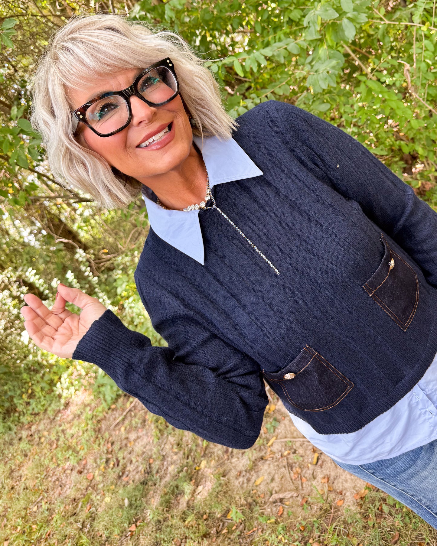 Off The Edge Layered Look Denim Pocket Sweater