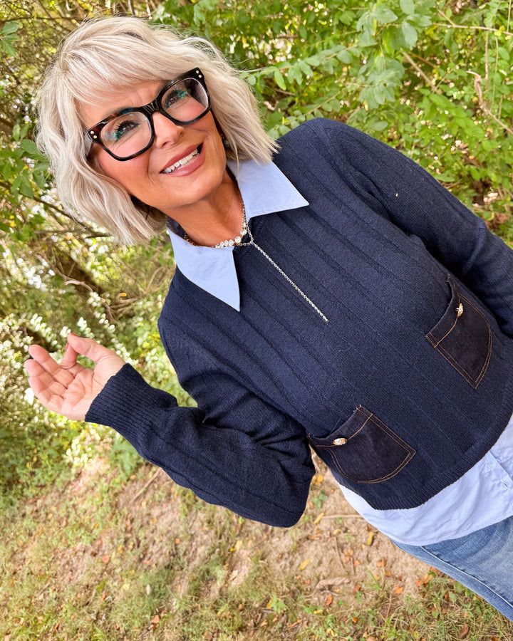 Off The Edge Layered Look Denim Pocket Sweater