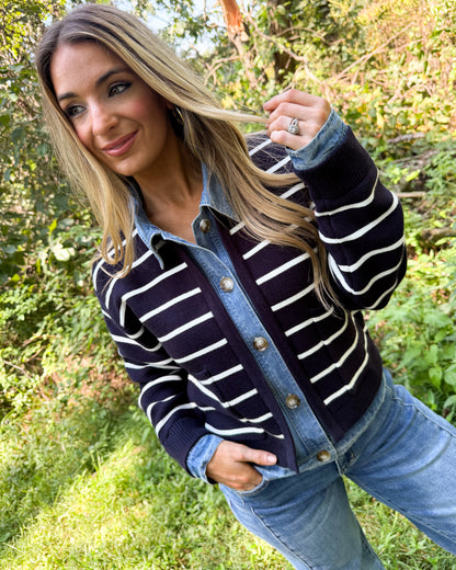 Harbor Club Striped Denim Trim Sweater Cardigan