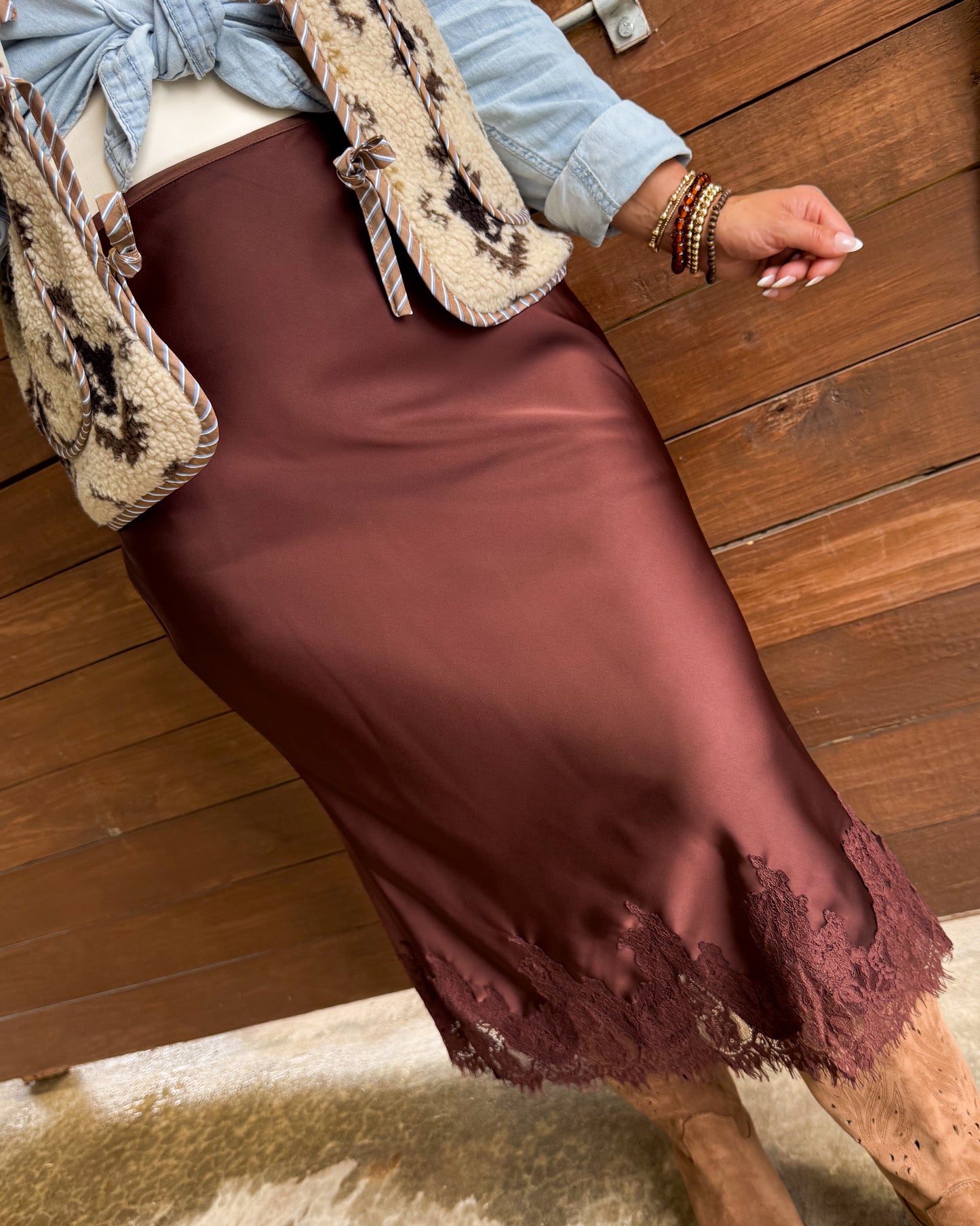 Arabella Satin Lace Hem Midi Skirt