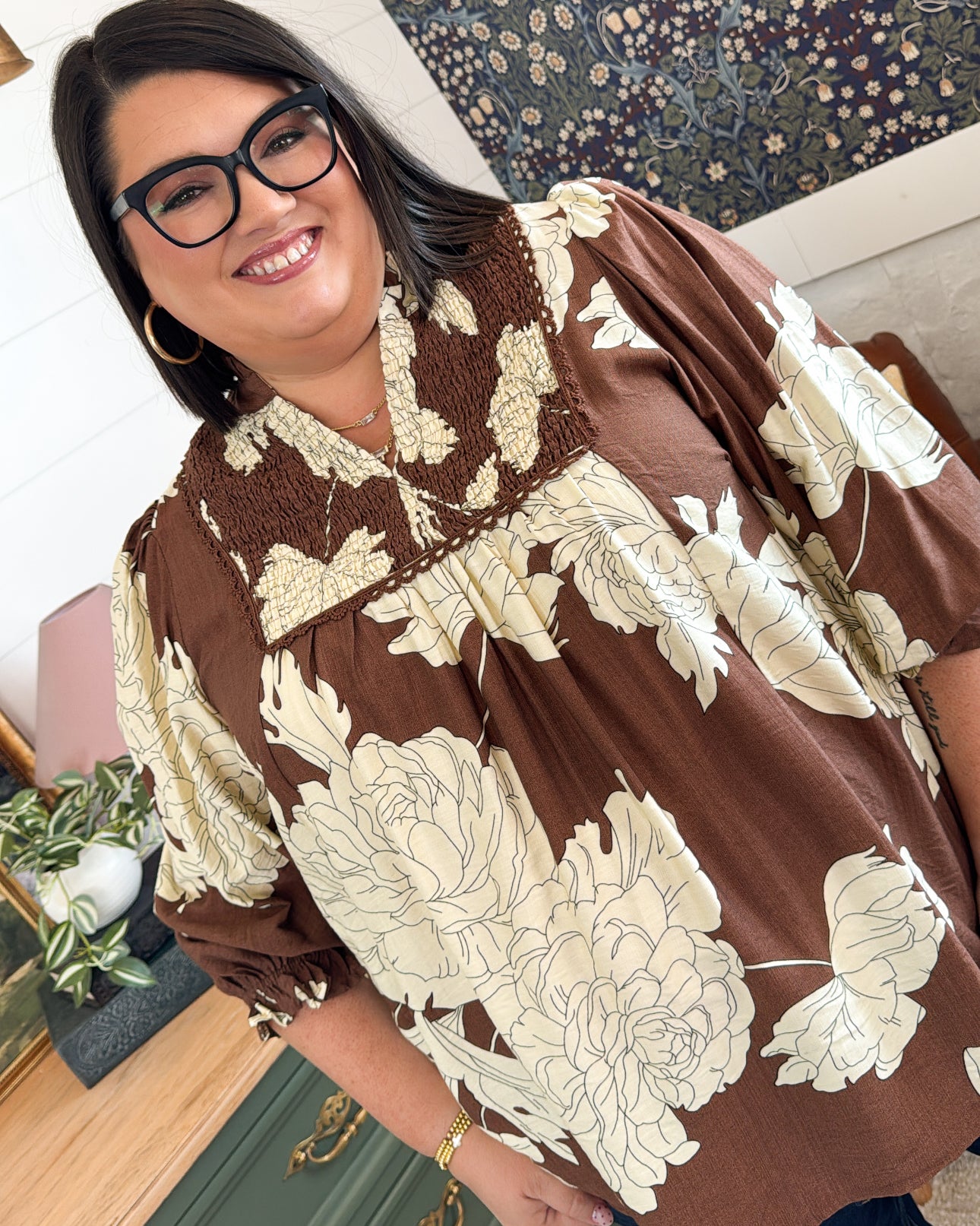 English Garden Floral Smocked Peasant Blouse