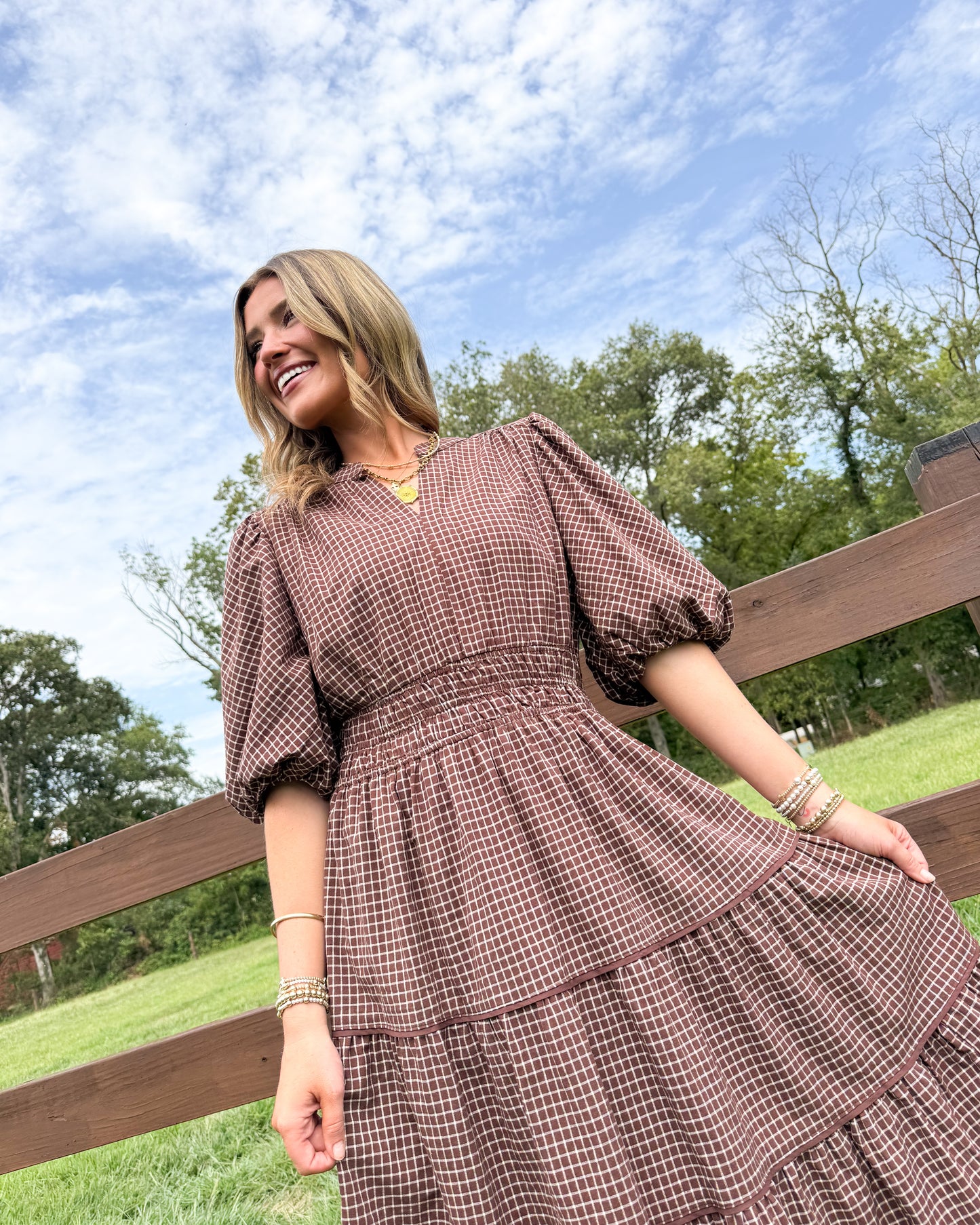 Maple Lane Plaid Smocked Waist Tiered Midi Dress